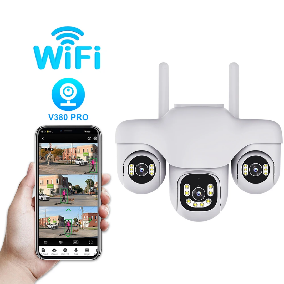 3-Lens Smart Security Camera 2K | Auto Tracking, Night Vision, 2-Way Audio | V380 Pro App