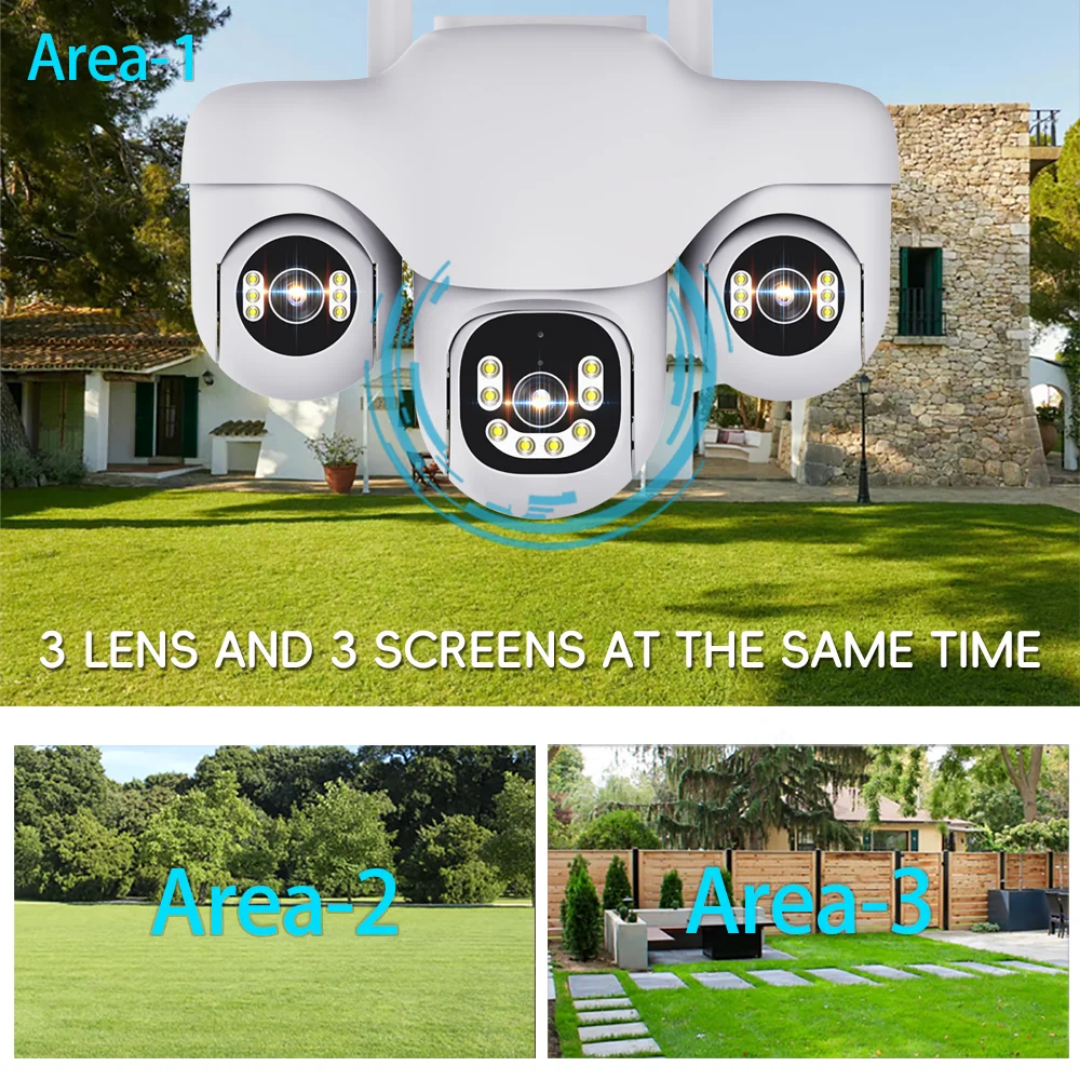 3-Lens Smart Security Camera 2K | Auto Tracking, Night Vision, 2-Way Audio | V380 Pro App